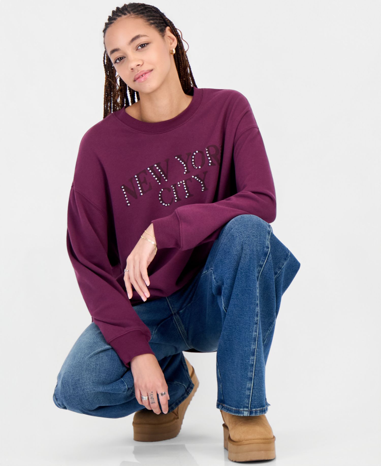 Juniors' NYC Rhinestone Oversized Fleece Hoodie