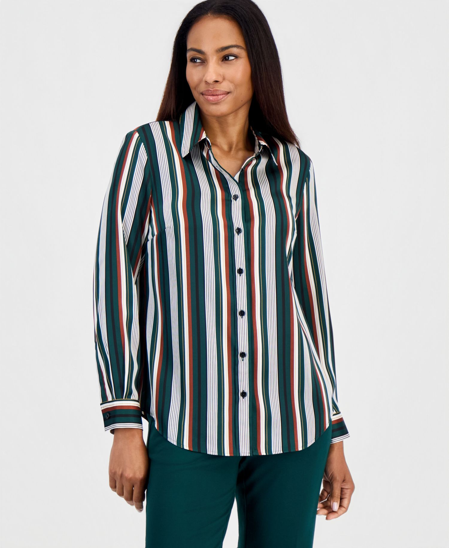 Women's Long-Sleeve Button-Front Striped Blouse