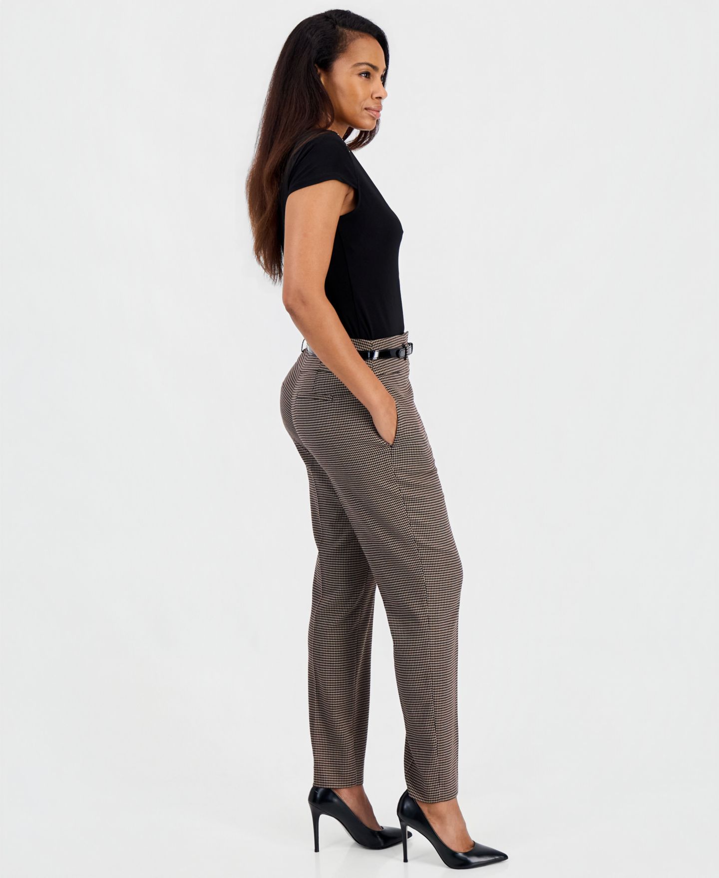 Женские брюки Kasper Ava High Rise Slim Houndstooth Belted Pant, цвет: Коричный разноцветный — фото 3
