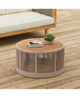 Acacia Wood Coffee Table 26 Inch Round Industrial Accent Table with Rope and Iron Frame