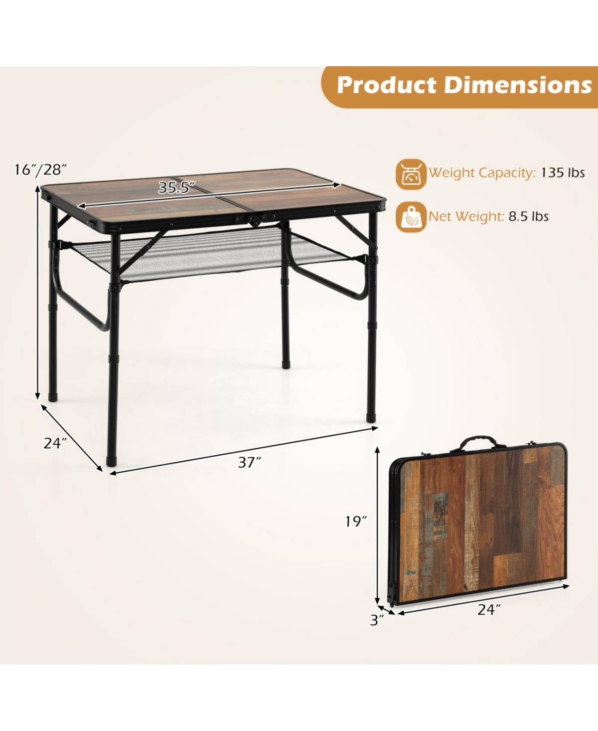 Sugift Folding Camping Table with Adjustable Heights Storage Net and Carry Handle