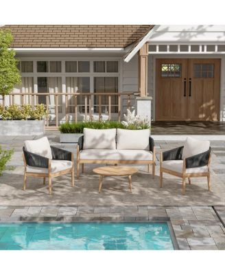 4-Piece Boho Acacia Wood Outdoor Patio Furniture Set with Rope Chairs, Loveseat and Table