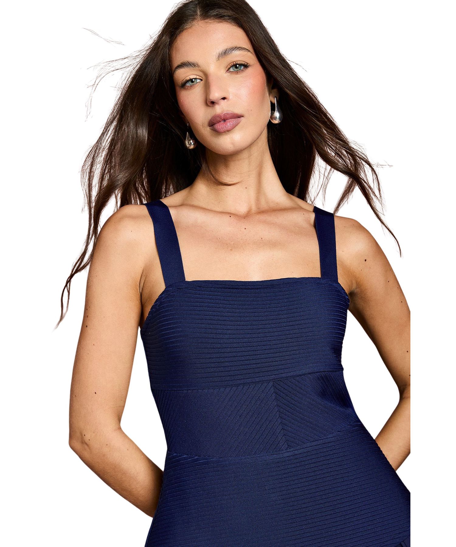 Women's Bandage Square Neck Pleated Midi Dress