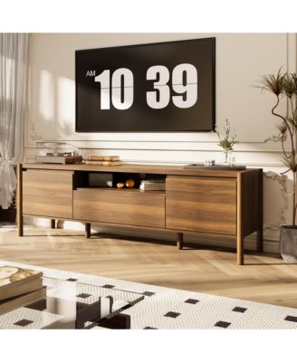 Modern TV Console with Rounded Edges - 71-Inch Wide Wood Grain TV Stand with Rubber Wood Legs | Living Room Media Console