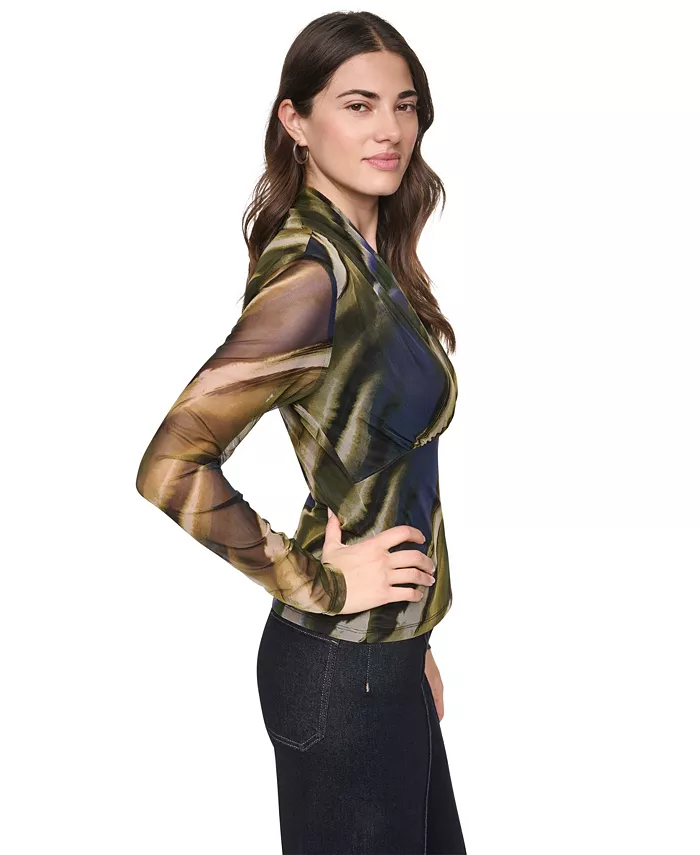 Women's Printed Mesh V-Neck Long-Sleeve Top - thumbnail 3