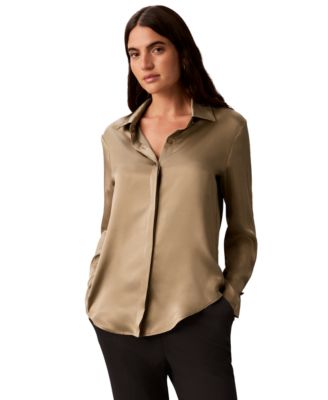 	Petite Pleated Long-Sleeve Collared Shirt