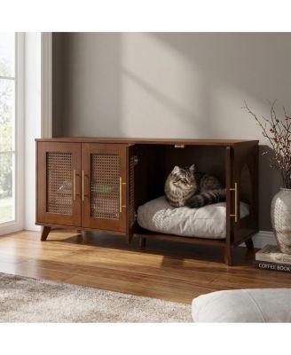 Hidden Cat Cabinet, Modern Rubber Wood and Rattan Furniture with Cushion for Living Room