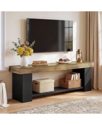 71'' Extra Long TV Stand for Up to 80 Inch TVs, Farmhouse Entertainment Center with Open Storage Shelf, Fluted Wood Media Console