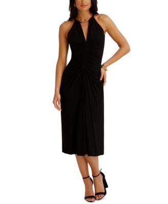 Women's Ruched Halter V-Neck Midi Dress