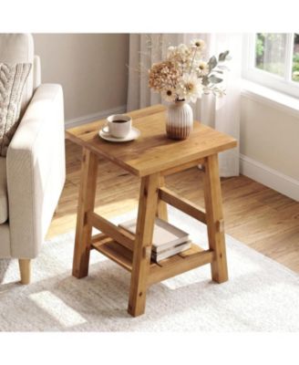 Solid Wood Square Side Table, 2 -Tier Farmhouse End Table, Nightstands with Shelf Storage