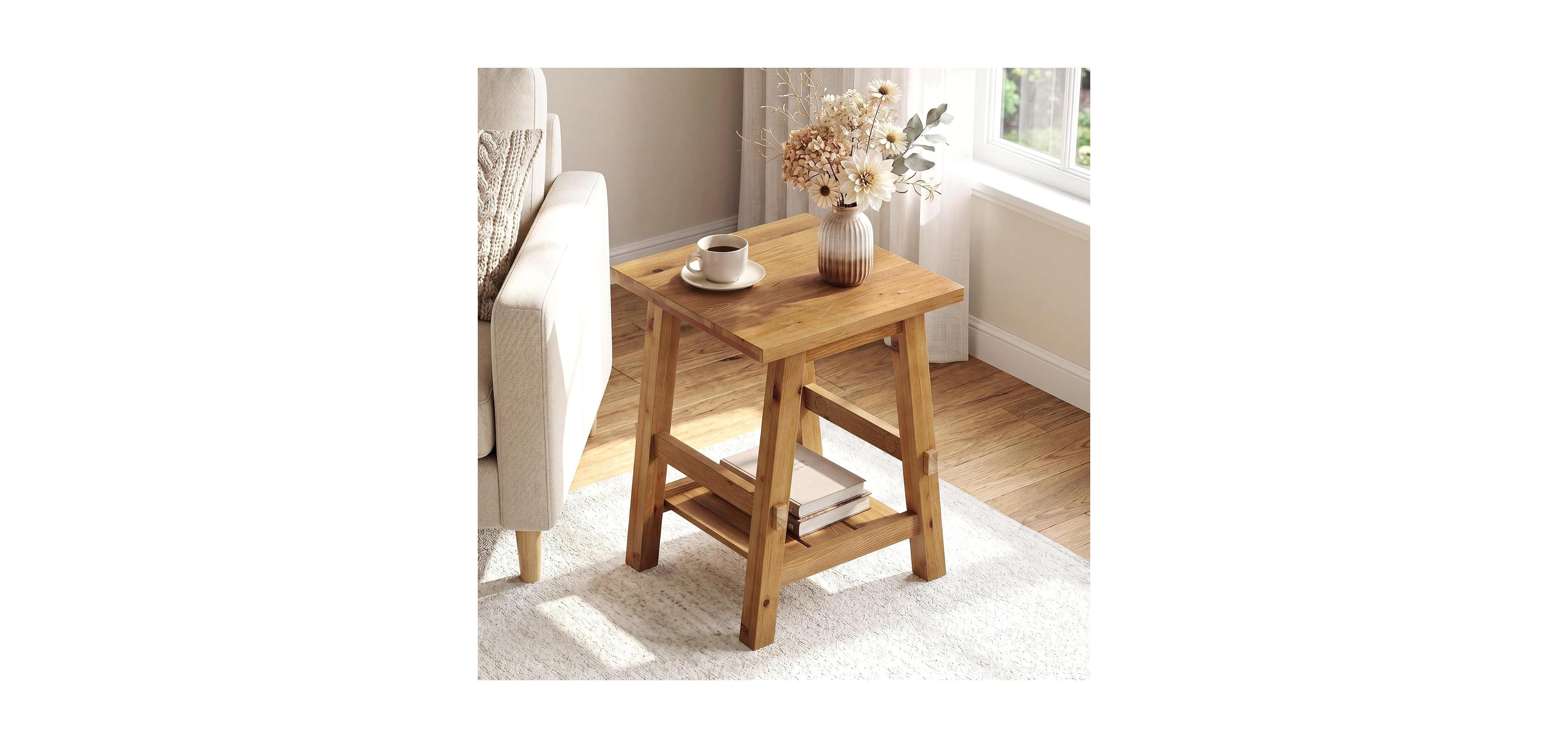 Tribesigns Solid Wood Square Side Table, 2 -Tier Farmhouse End Table, Nightstands with Shelf Storage