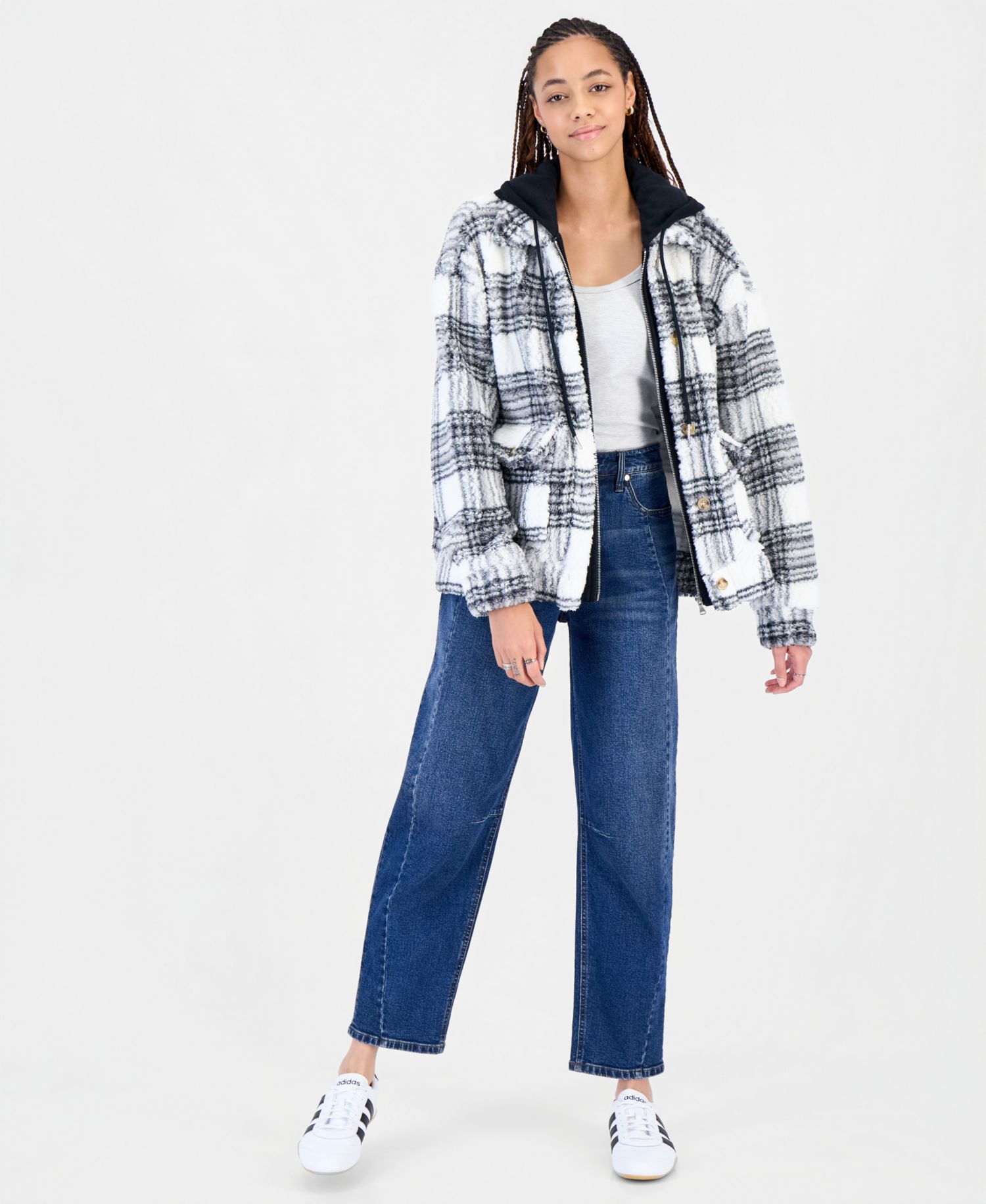 Juniors' Sherpa-Lined Plaid Hooded Shacket