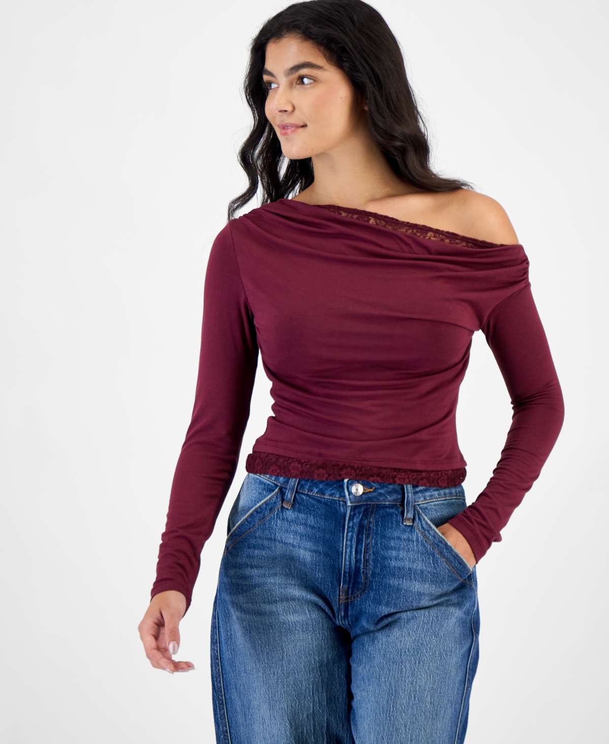 Sincerely Jules Juniors' Off-the-shoulder Long-sleeve Top In Windsor Wine