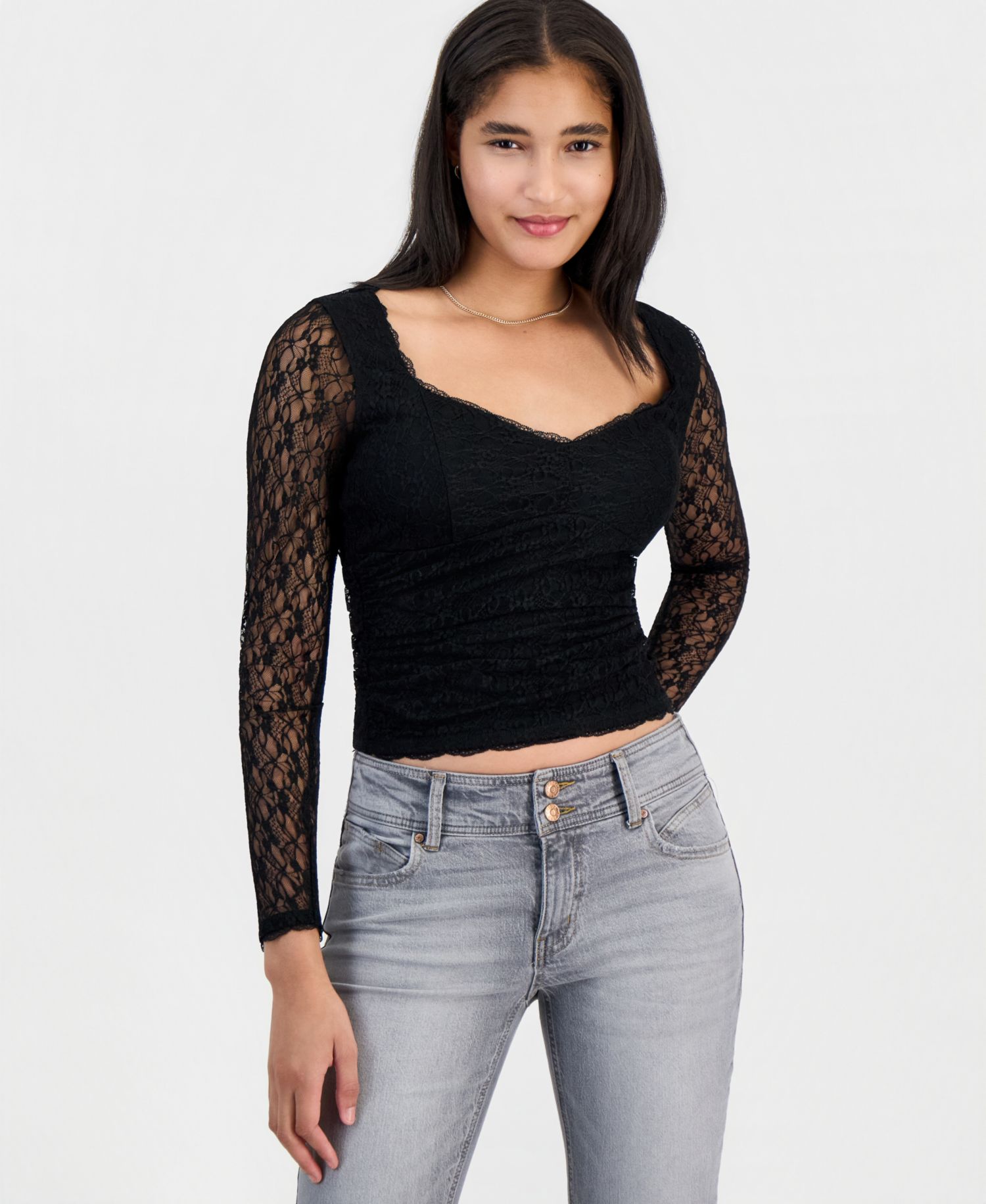 Juniors' Long-Sleeve Lace Sweetheart-Neckline Top