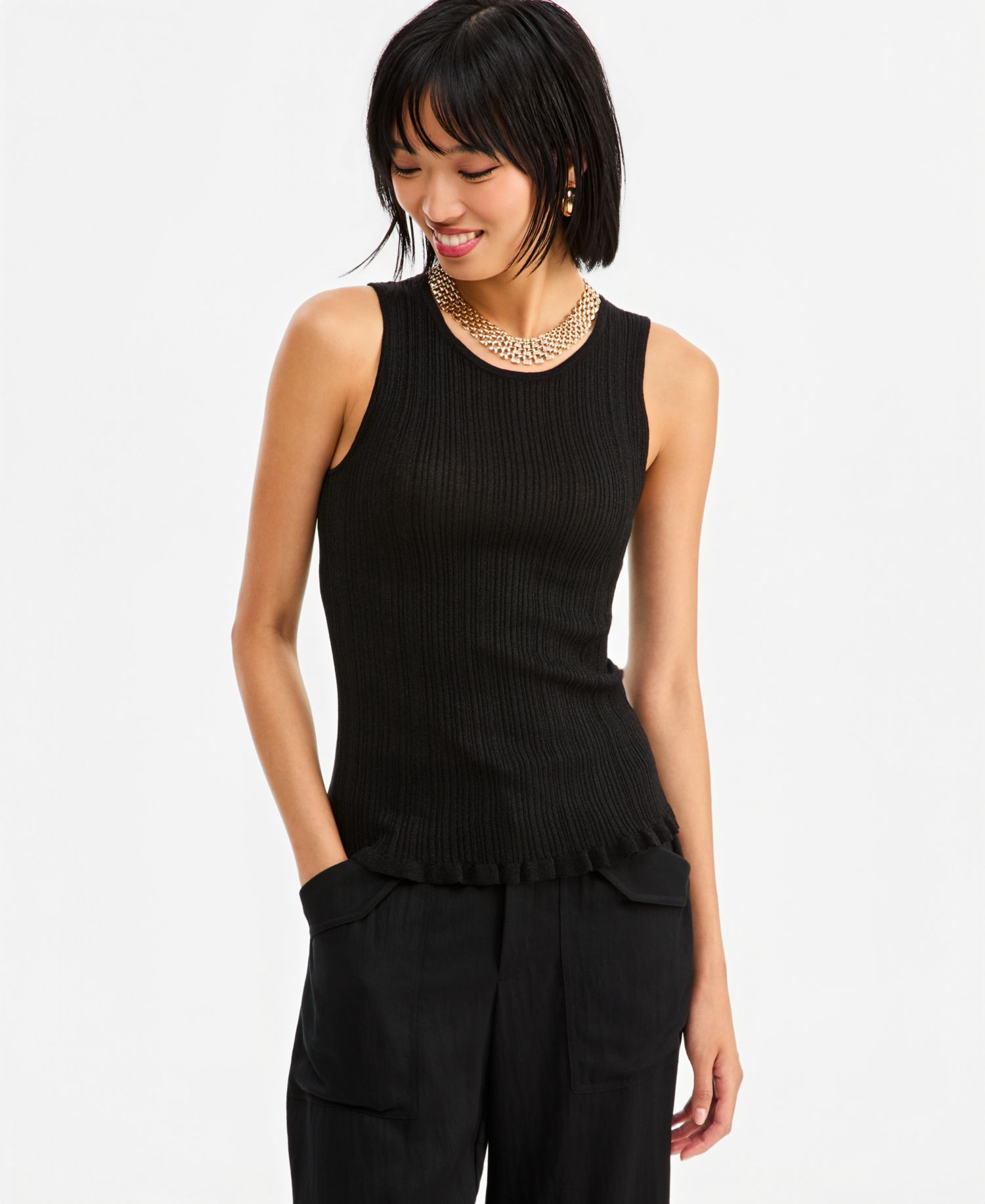 Women's Sleeveless Crewneck Ribbed Cotton-Blend Sweater Tank