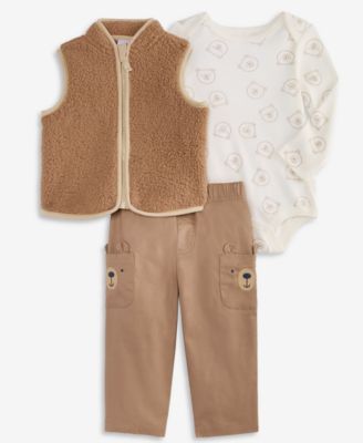 Baby Boys' Faux-Sherpa Bear-Print Vest, Bodysuit, and Pants, 3-Piece Set