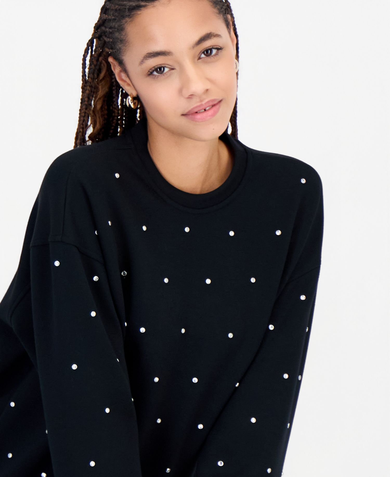Juniors' Oversized Scuba Rhinestone-Embellished Crewneck Sweatshirt