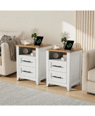 Set of 2 Farmhouse Nightstand with Charging Station 2 Drawers and Open Shelf, USB/Type-C/AC Outlets