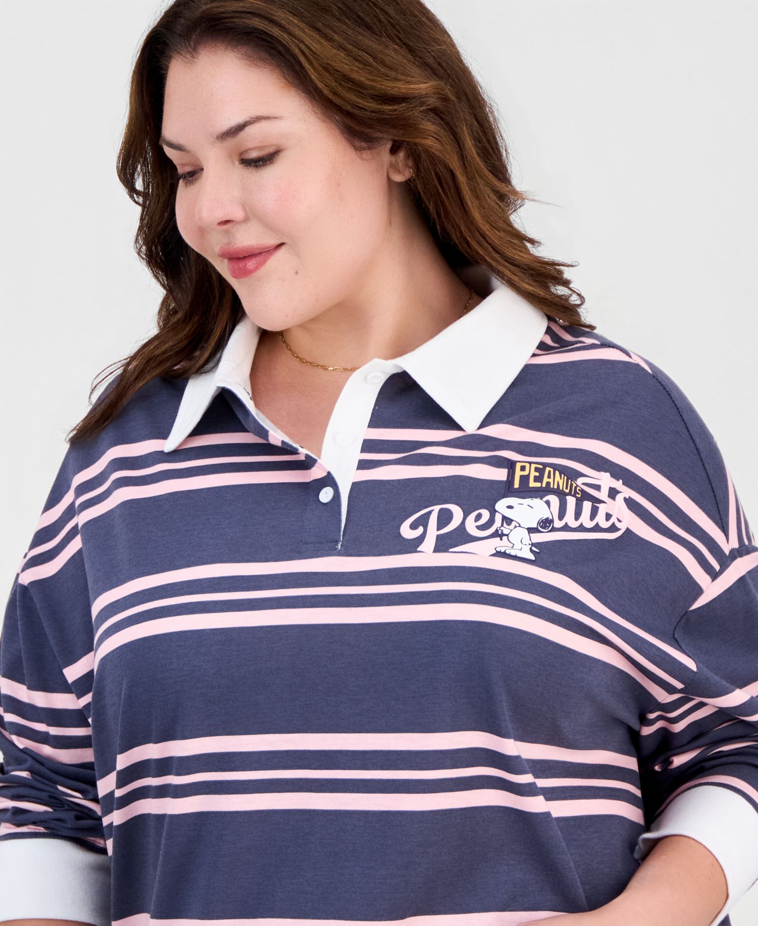 Plus Size Snoopy Athletic Rugby Striped Quarter Button Down Collar Cotton-Blend Polo Shirt