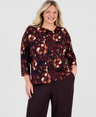Plus Size 3/4-Sleeve Cowl Neck Asymmetric Blouse