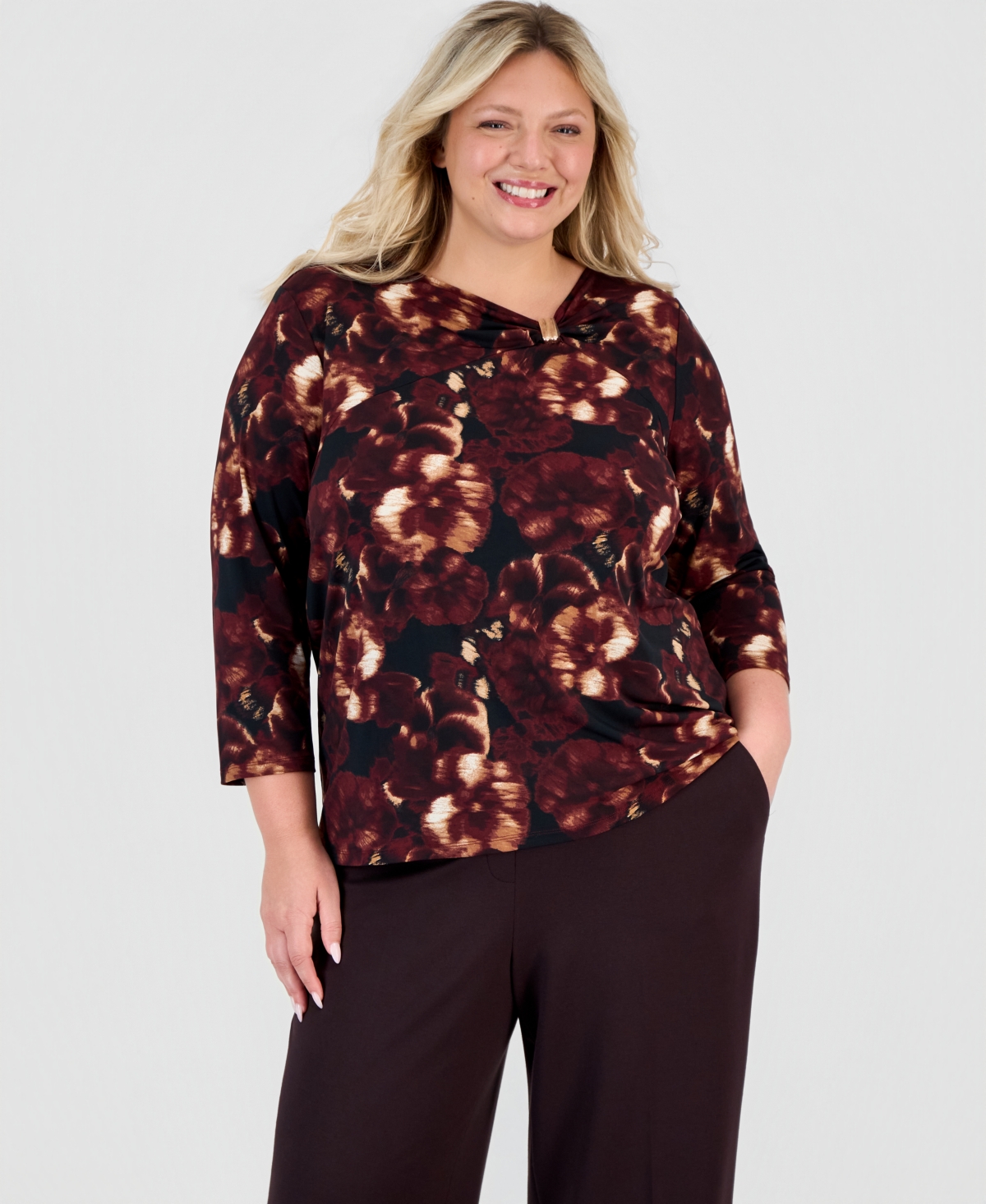 Anne Klein Plus Size 3/4-Sleeve Cowl Neck Asymmetric Blouse