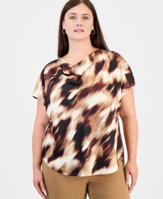 Plus Size Cowl Neck Short-Sleeve Print Blouse