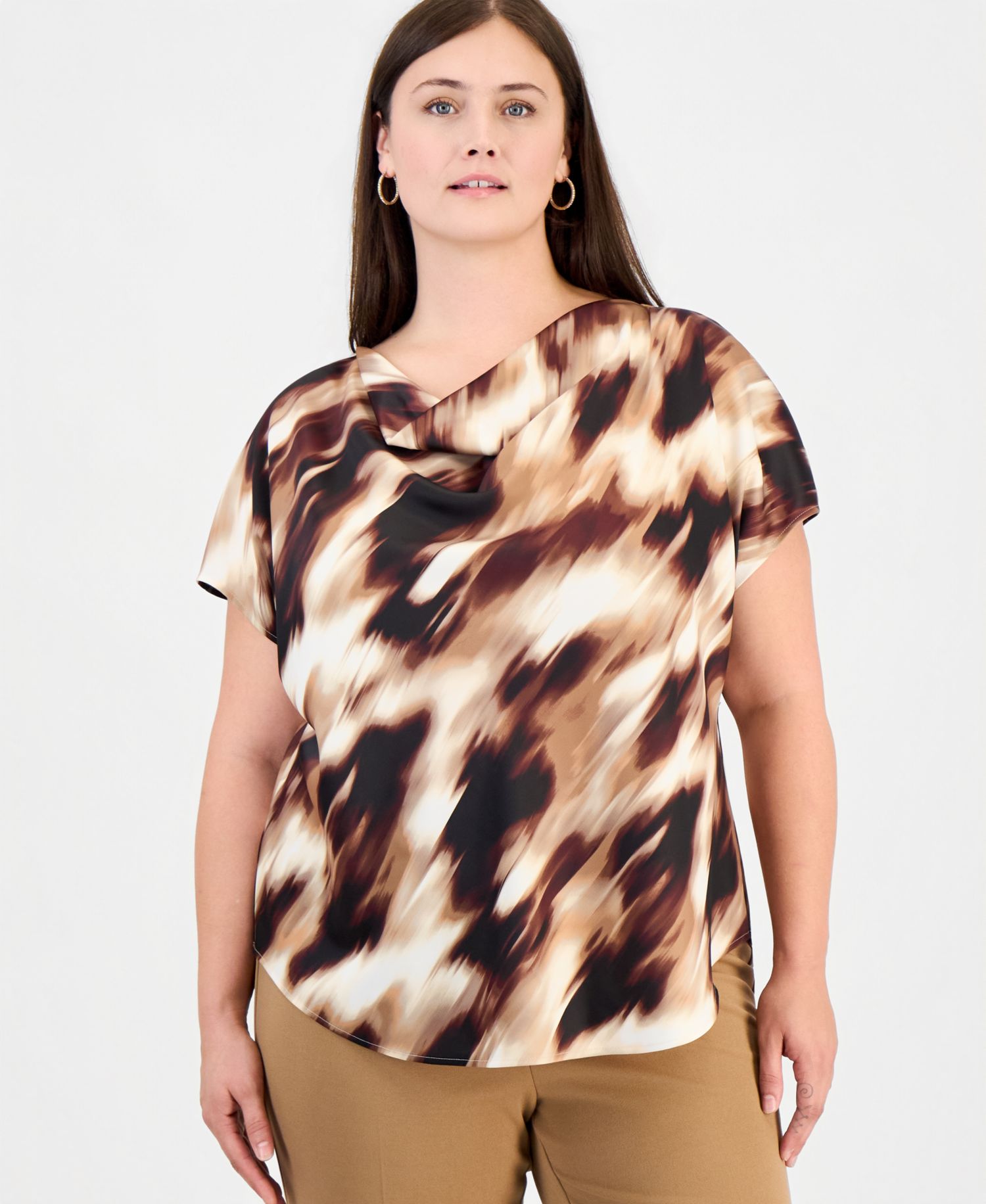Plus Size Cowl Neck Short-Sleeve Print Blouse