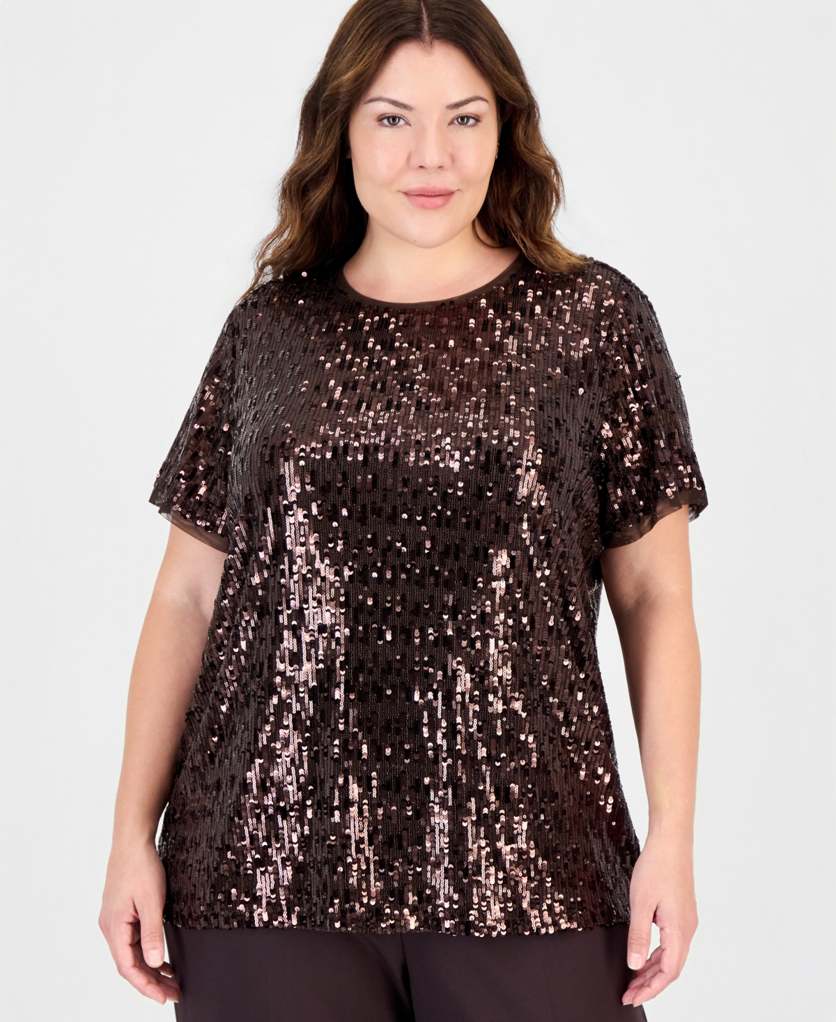 Anne Klein Plus Size Sequin Crewneck T-Shirt - Deep Mahogany