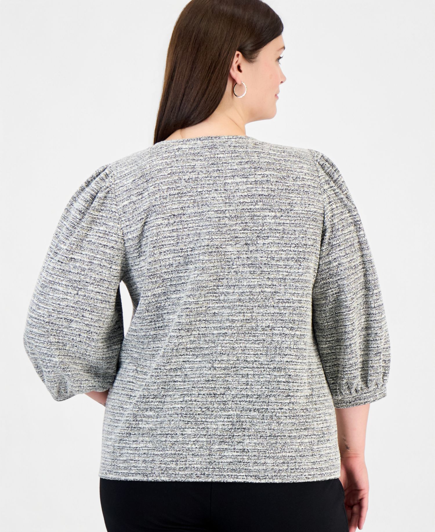 Plus Size Crew Neck Boucl&eacute; 3/4-Length Balloon Sleeve Sweater