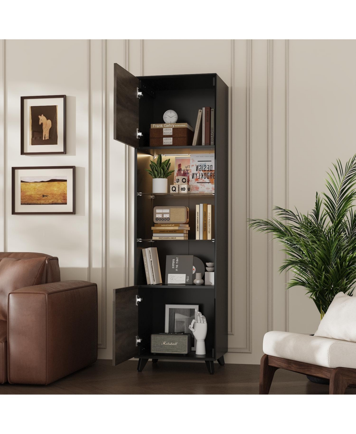 Homsee Tall Bookcase with Glass Doors and Led Light 71-Inch High Wooden Bookshelf with Storage Cabinets | Narrow Display Cabinet for Living Room