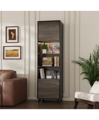 Tall Bookcase with Glass Doors and LED Light 71-Inch High Wooden Bookshelf with Storage Cabinets | Narrow Display Cabinet for Living Room