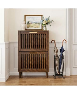 23.6 Inch Shoe Cabinet, Mid-Century Modern Freestanding Fence Cabinet with 2 Flip Drawers