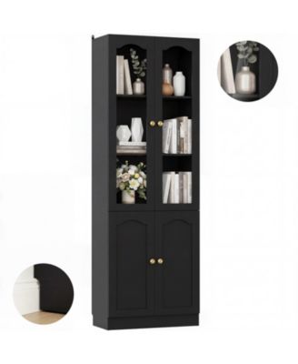 80" Pantry Cabinet with Glass Door and Shelves, Kitchen Storage Cabinet