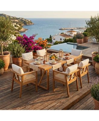 7-Piece Acacia Wood Outdoor Dining Set with Wicker Chairs and Cushions