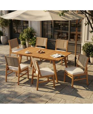 7-Piece Acacia Wood Patio Dining Set, Teak Table and Wicker Chairs with Cushions