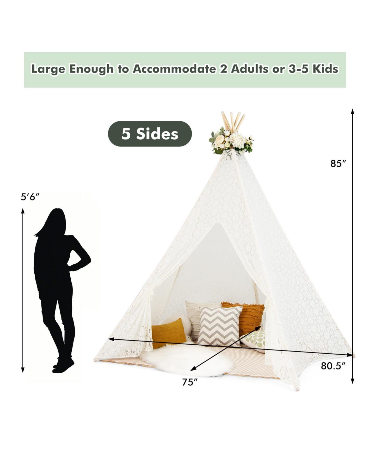 Детская игрушка Mecale Lace Teepee Tent with String Lights, 1-Piece, Ages 3+, цвет: Белый — фото 3