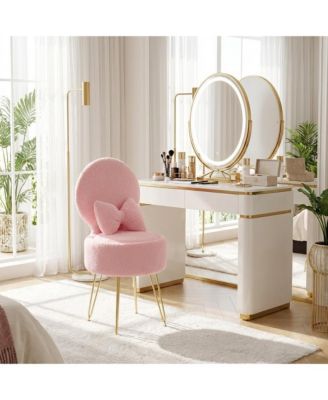 Vanity Stool Chair with Pillow, Foldable Backrest, Sherpa Fleece Makeup Stool with Hidden Storage and Metal Legs, Modern Accent Chair