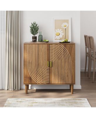 Wood Buffet Cabinet with Line Groove Design, Sideboard Storage Cabinet with Adjustable Shelves for Living Room, Kitchen and Entryway