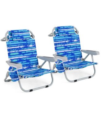 Set of 2 Foldable Backpack Beach Chairs with Cup Holder and Storage Pockets