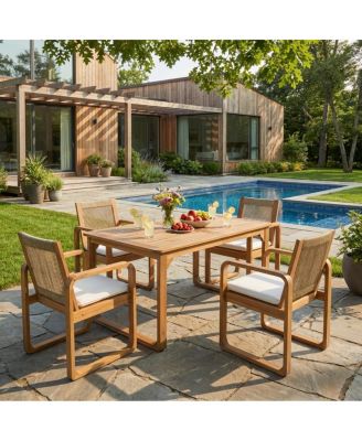 5-Piece Acacia Outdoor Dining Set, Rope Back Chairs and Teak Finish Table