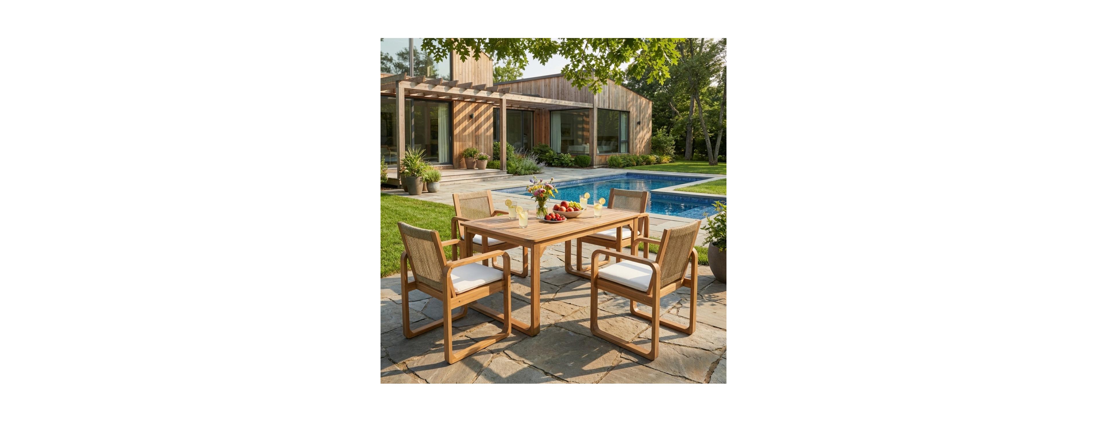 Asagikoiai 5-Piece Acacia Outdoor Dining Set, Rope Back Chairs and Teak Finish Table