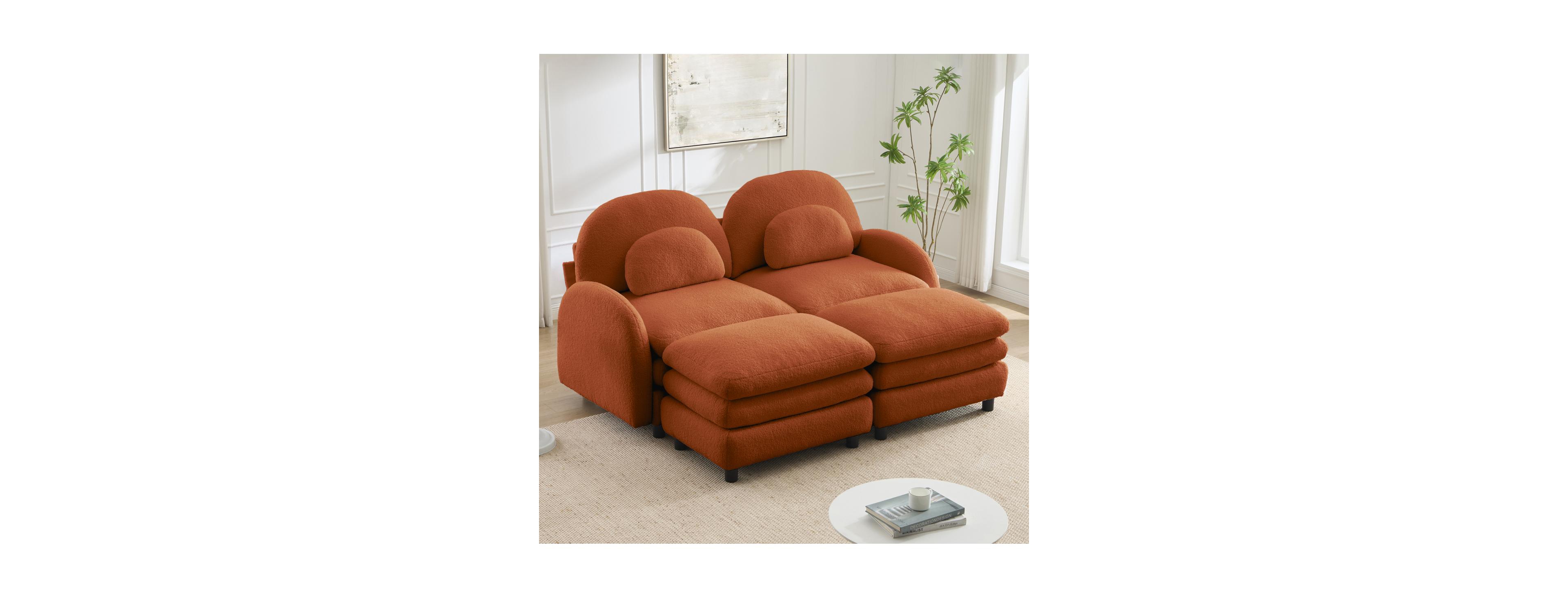 Streamdale Furniture Teddy Fabric 2-Seat Modular Sofa with Ottomans and Lumbar Pillows