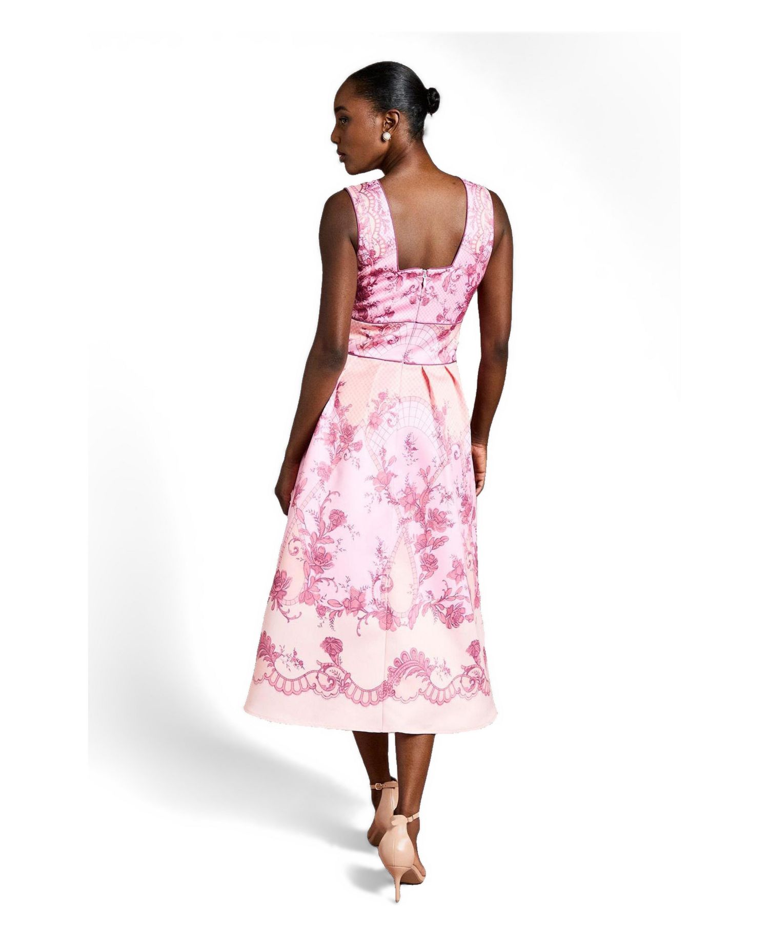 Women's V-Neck Satin Floral Print Midi Dress