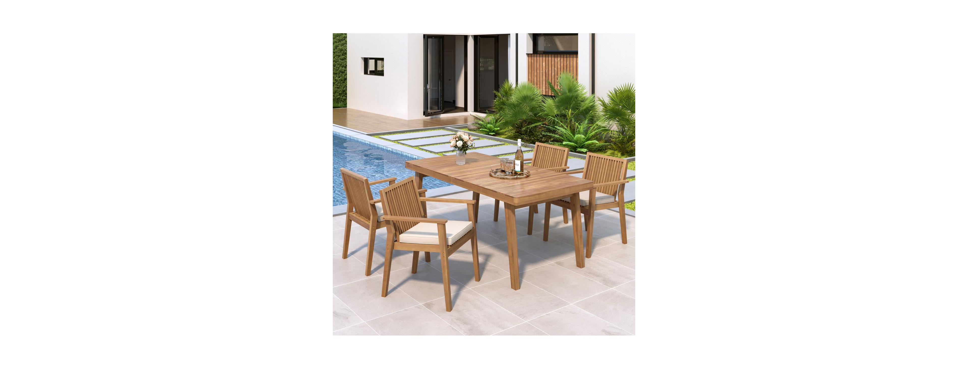 Asagikoiai 5-Piece Acacia Wood Patio Dining Set with Cushioned Chairs and Slatted Table