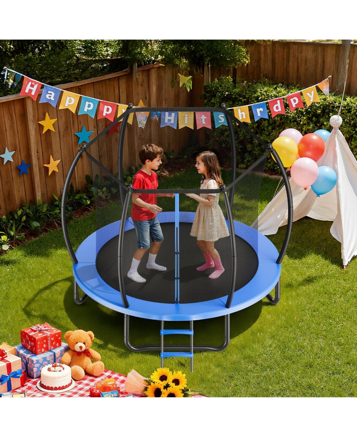 Mecale 8 Feet Outdoor Trampoline with Safety Net and Thickened Pad