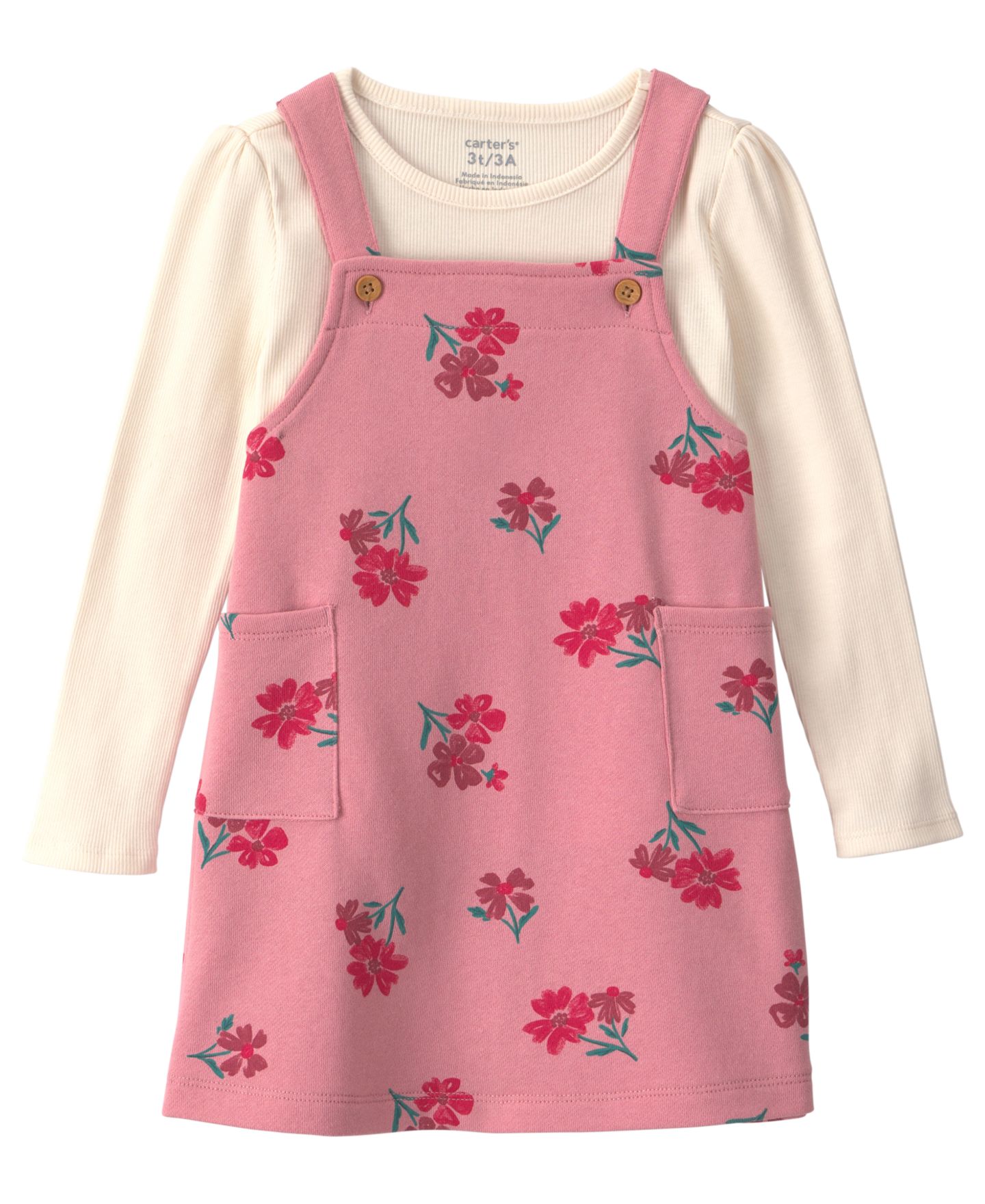 Детский комплект Carter's: топ из футера с длинным рукавом и сарафан с цветами, 2T-5T, цвет: Розовый / Кремовый — фото 1