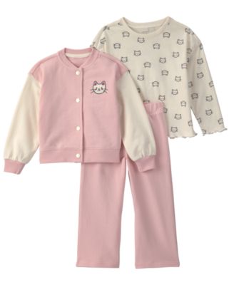 Toddler Girls' 2T-5T Cat French Terry Long-Sleeve Layering Top, Jacket and Pants, 3-Piece Set