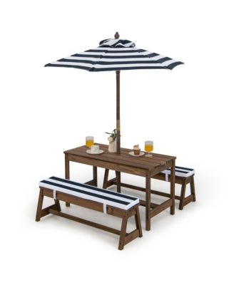 Kids Wood Picnic Table and Bench Set With Cushions Umbrella for Indoor Outdoor