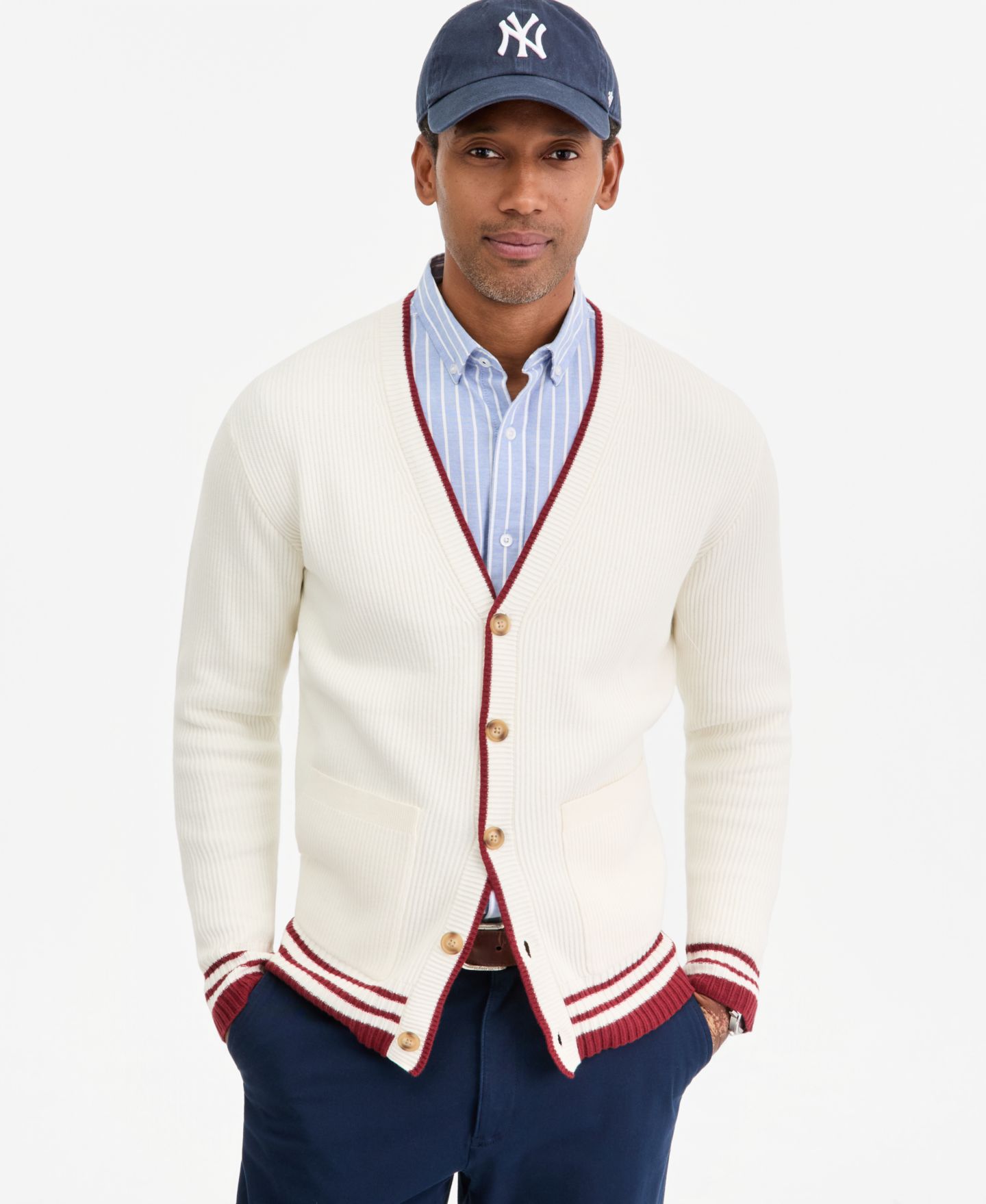 Мужской кардиган Club Room Varsity Tipped Cardigan, цвет: Зимняя слоновая кость — фото 1