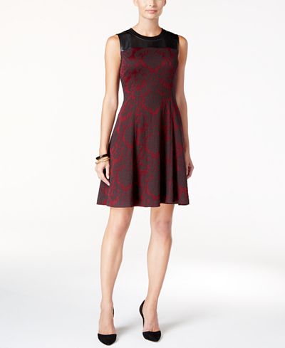 Ivanka Trump Faux-Leather-Trim Jacquard Fit & Flare Dress